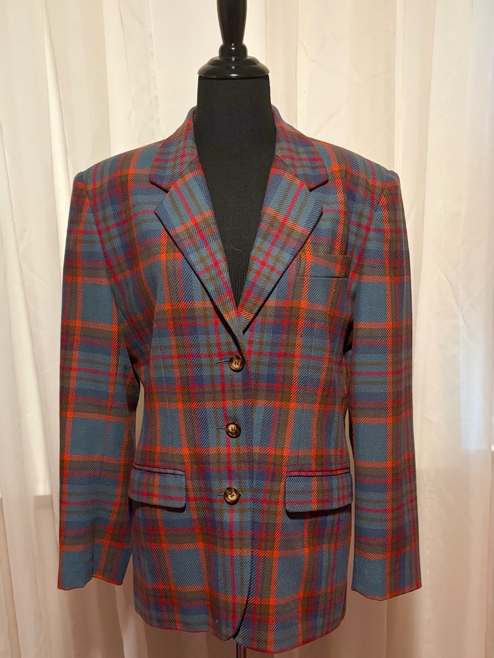 GAP Olive Teal And Rust Tartan Plaid Wool 3 Button Vintage Blazer Size M EUC